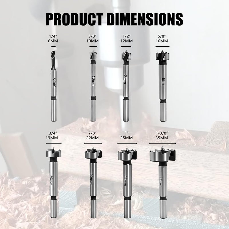 CSOOM 8PCS Forstner Bit Set, Forstner Drill Bits for Woodworking, Spiral Cutter Round Shank Drilling and Cutting Tool for Hardwoods, Softwoods, Plastics, Plywood, with Storage Case - Image 2
